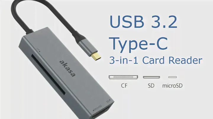 High Speed Card Reader,  SD MicroSd and CF - Akasa USB 3.2 Type-C 3-in-1 Card Reader