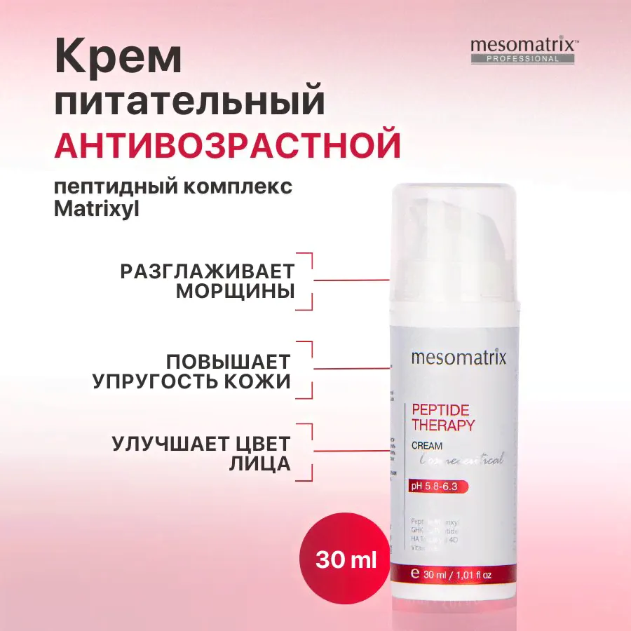 Антивозрастной питательный крем от морщин для лица с пептидами, увлажняющий с гиалуроновой кислотой, пептидный PEPTIDE THERAPY 30 мл Mesomatrix Professional (Аюна)