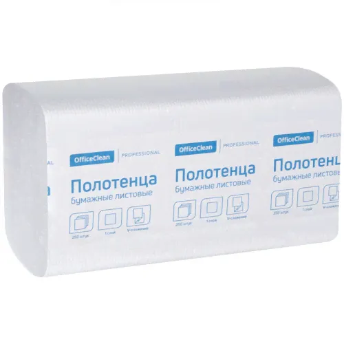 Полотенца бумажные лист. OfficeClean "Professional"(V-сл) 1 слойн., 250л/пач, 21*21,6,тиснение,белые 245790-0